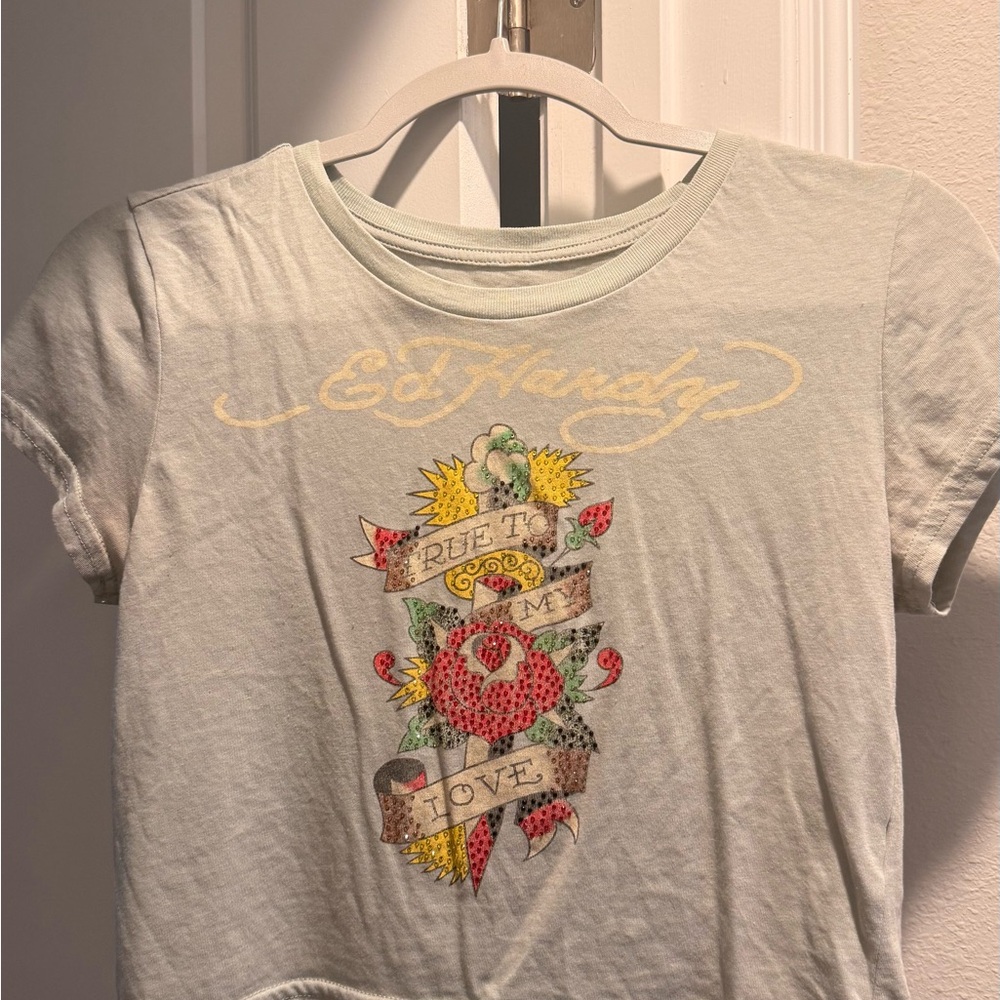 Ed Hardy Mint Graphic Tee with Red and Yellow Tattoo Motif